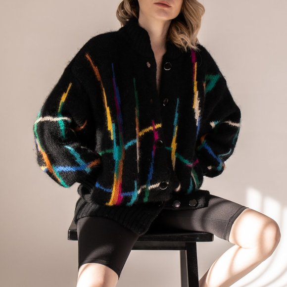 Vintage 80s mohair abstract stripe chunky cardigan - Picture 2 of 10